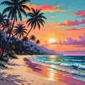 A beach scene  in a painting featuring palm trees and a tropical sunset backdrop. Royalty Free Stock Photo