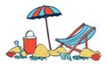 Beach scene. Parasol with lounger on the sand. Vector color cartoon hand drawn illustration Royalty Free Stock Photo