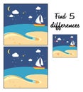 Beach scene with the sailing boat at a night. Find 5 differences Royalty Free Stock Photo