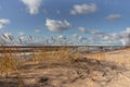 Beach Scene with sand, sea, dune grasses and sky Royalty Free Stock Photo