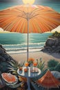 beach scene with sun umbrella and festive cocktails