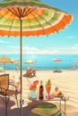 beach scene with sun umbrella and festive cocktails Royalty Free Stock Photo