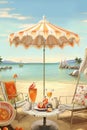 beach scene with sun umbrella and festive cocktails Royalty Free Stock Photo