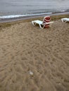 Beach scene after sunset. Beach loungers on the Black Sea coast. HDR Mobile photography Royalty Free Stock Photo