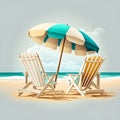 A beach scene with two chairs and an umbrella on a beach. Royalty Free Stock Photo