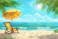 A beach scene with a yellow umbrella and chair under the sun, AI Royalty Free Stock Photo