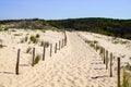 Beach sea access in sandy dunes and fence of atlantic ocean at lacanau coast in france Royalty Free Stock Photo