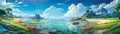 Beach and sea, Cartoon landscape, Paradise nature vacation, ocean or sea seashore. Seaside landscape illustration - AI generated Royalty Free Stock Photo