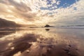 Beach and sea landscape with rocks, reflections in the sand, very cloudy sky with intense fog Royalty Free Stock Photo