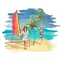 Beach by the sea, ocean with a sailboat, girls and palm trees. Watercolor illustration. Composition of a large set of