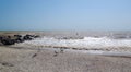 Beach, sea, seagulls, beach with small seashells, waves on the sea, flying seagulls and seagulls Royalty Free Stock Photo