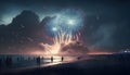 The beach, the sea and the shooting of colorful fireworks against the night sky. New Year\'s fun and festivities Royalty Free Stock Photo