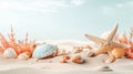 Beach sea themed banner or header with beautiful shells, corals and starfish on pure white sand - summer concept. Generative AI Royalty Free Stock Photo