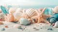 Beach sea themed banner or header with beautiful shells, corals and starfish on pure white sand - summer concept. Generative AI Royalty Free Stock Photo