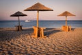 Beach and sea view with sunshades at sunset chillout Royalty Free Stock Photo