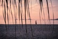 Moody chilling peaceful beach and sea view with sunshades at sunset chillout color split toning Royalty Free Stock Photo