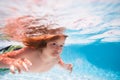 Beach sea and water fun. Child swim under water in sea. Kid swimming in pool underwater. Happy boy swims in sea Royalty Free Stock Photo