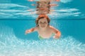 Beach sea and water fun. Young boy swim and dive underwater. Under water portrait in swim pool. Child boy diving into a Royalty Free Stock Photo