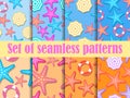 Beach seamless pattern set, top view. Beach umbrella and colorful starfish. For promotional products, wrapping paper and printing