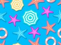 Beach seamless pattern, top view. Beach umbrella and towel on the sand, starfish. Flat design style. Vector illustration