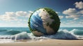 Computer generated Earth-like planet on a beach. Wave crushing in the background Royalty Free Stock Photo