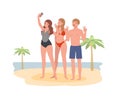 Beach selfie, cartoon happy man and woman character in swim suit using phone for selfie with friend. best friends have fun. Flat Royalty Free Stock Photo