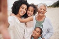 Beach selfie, grandma or mom with happy kids in nature on family holiday vacation taking photograph. Portrait, social Royalty Free Stock Photo