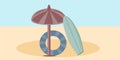 Beach set for relaxation Umbrella, surfboard, lifebuoy