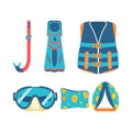 Beach set for summer trips. Mask, tube, flippers, scuba diving, snorkeling, life, jacket, inflatable cuffs Royalty Free Stock Photo