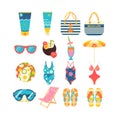 Beach set for summer trips. Sun cream, bag, sunglasses, cocktail, swimsuit, mask, flip-flops, inflatable ball Royalty Free Stock Photo