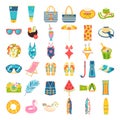 Beach set for summer trips. Sunglasses, cocktail, umbrella, towel, swimsuit, snorkeling, flip-flops, inflatable ball, surfboard Royalty Free Stock Photo