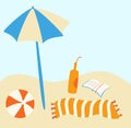 Beach Set. Beach with umbrella, striped towel, ball ,book and drink. Good sunny day. Vector travel and summer beach holidays