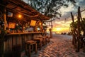A beach shack bar at sunset, with a few tables on the sand, Ai generated Royalty Free Stock Photo