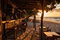A beach shack bar at sunset, with a few tables on the sand, Ai generated Royalty Free Stock Photo