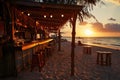 A beach shack bar at sunset, with a few tables on the sand, Ai generated Royalty Free Stock Photo