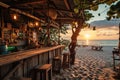 A beach shack bar at sunset, with a few tables on the sand, Ai generated Royalty Free Stock Photo
