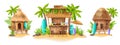 Beach shack house, Hawaiian bamboo hut bar surfboard, vector surfing bungalow, tropical plants. Royalty Free Stock Photo