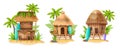 Beach shack house, vector bamboo hut bar, surfboard, Hawaiian surfing bungalow, tropical plants. Royalty Free Stock Photo