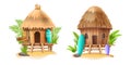 Beach shack house, vector bamboo hut, Hawaiian surfing bungalow, surfboard, tropical plants, sand. Royalty Free Stock Photo