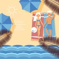 Beach shore, tropical ocean waterfront, character lovely couple male, female, hot weather temperature, flat vector Royalty Free Stock Photo