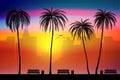 Beach side and tropical palm trees with city sunset landscape background, vector Royalty Free Stock Photo