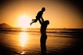 Beach silhouette, dark sunset and family on travel holiday in Mauritius, happy at the ocean sea and love for child on Royalty Free Stock Photo