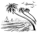 Beach sketch with palms and yachts regatta, vector illustration. Royalty Free Stock Photo
