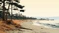 Beach Sketch: Pine Trees And Serene Shore