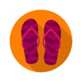 Beach slippers, flip flops, sandals. Flat icon with long shadow on orange round background. Flat design style. Vector