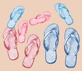 Beach slippers of one family on the seashore Royalty Free Stock Photo