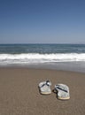 Beach slippers on a sandy beach Royalty Free Stock Photo