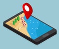 Beach on smartphone with pin mark location isometric