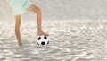 Beach soccer on sand. Bare feet of football player boy and ball on sandy sea shore. Sports games, summer holidays