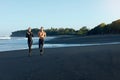 Beach. Sport Couple Running During Morning Workout. Handsome Shirtless Man And Sexy Woman In Fashion Sporty Outfit.